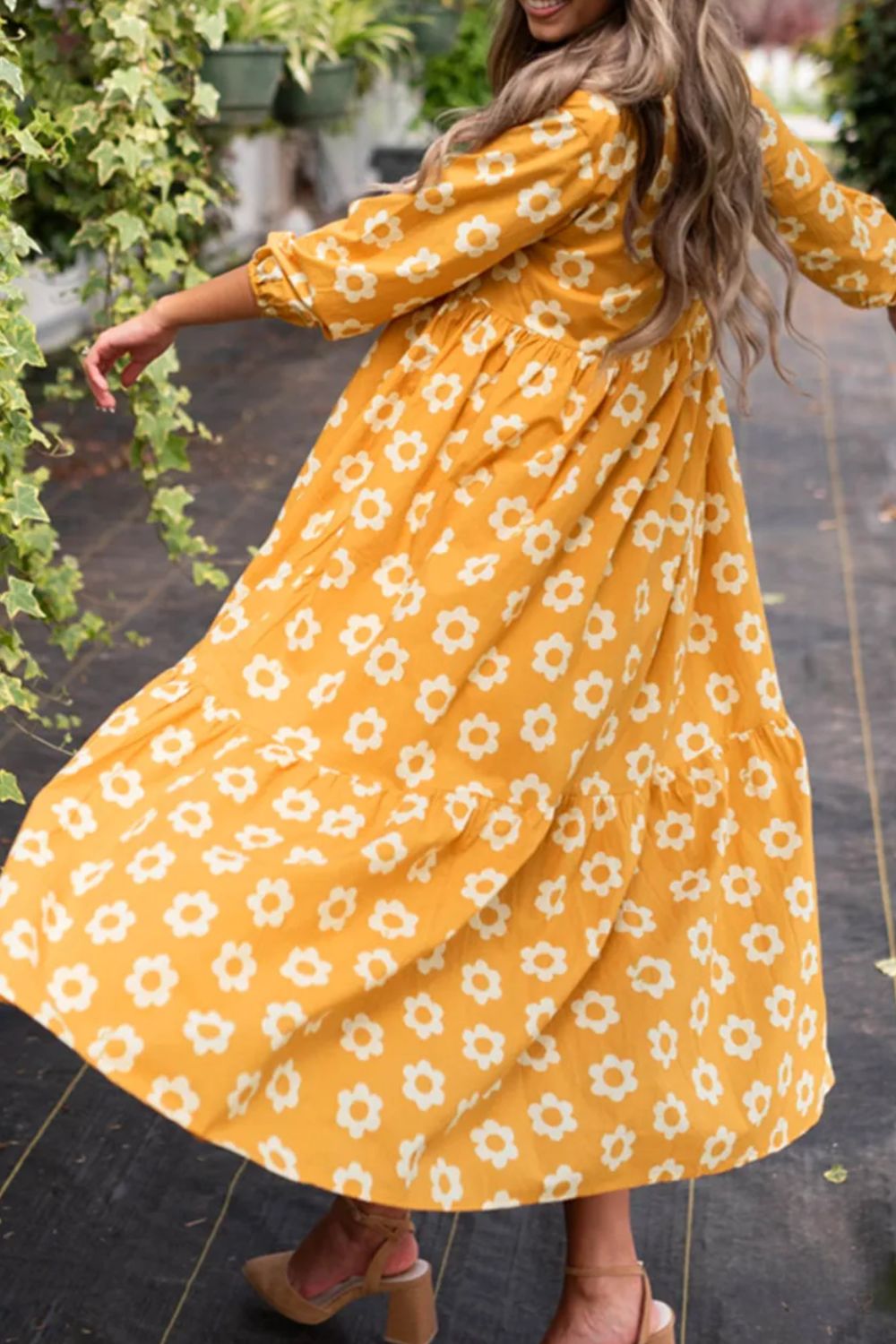 Floral Collared Neck Three-Quarter Sleeve Dress