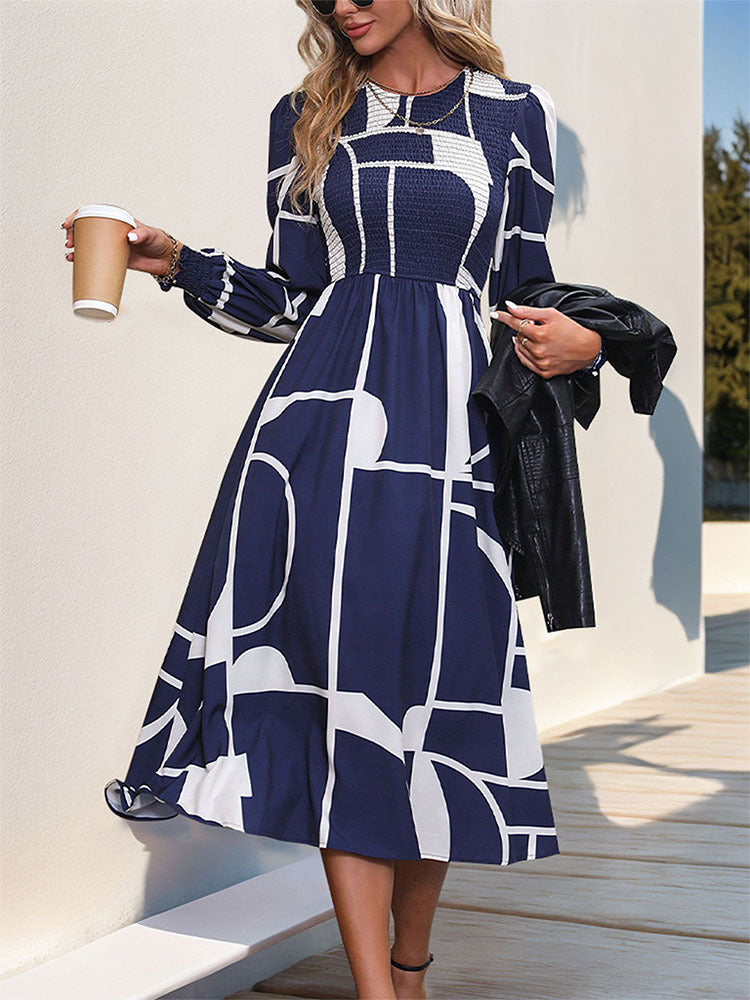 Smocked Color Block Long Sleeve Midi Dress