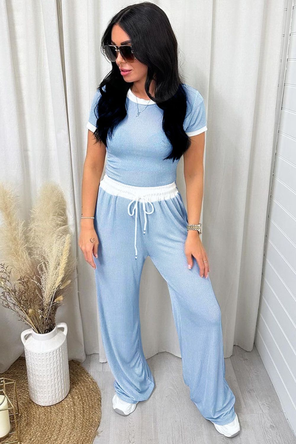 Contrast Trim Round Neck Top and Pants Set