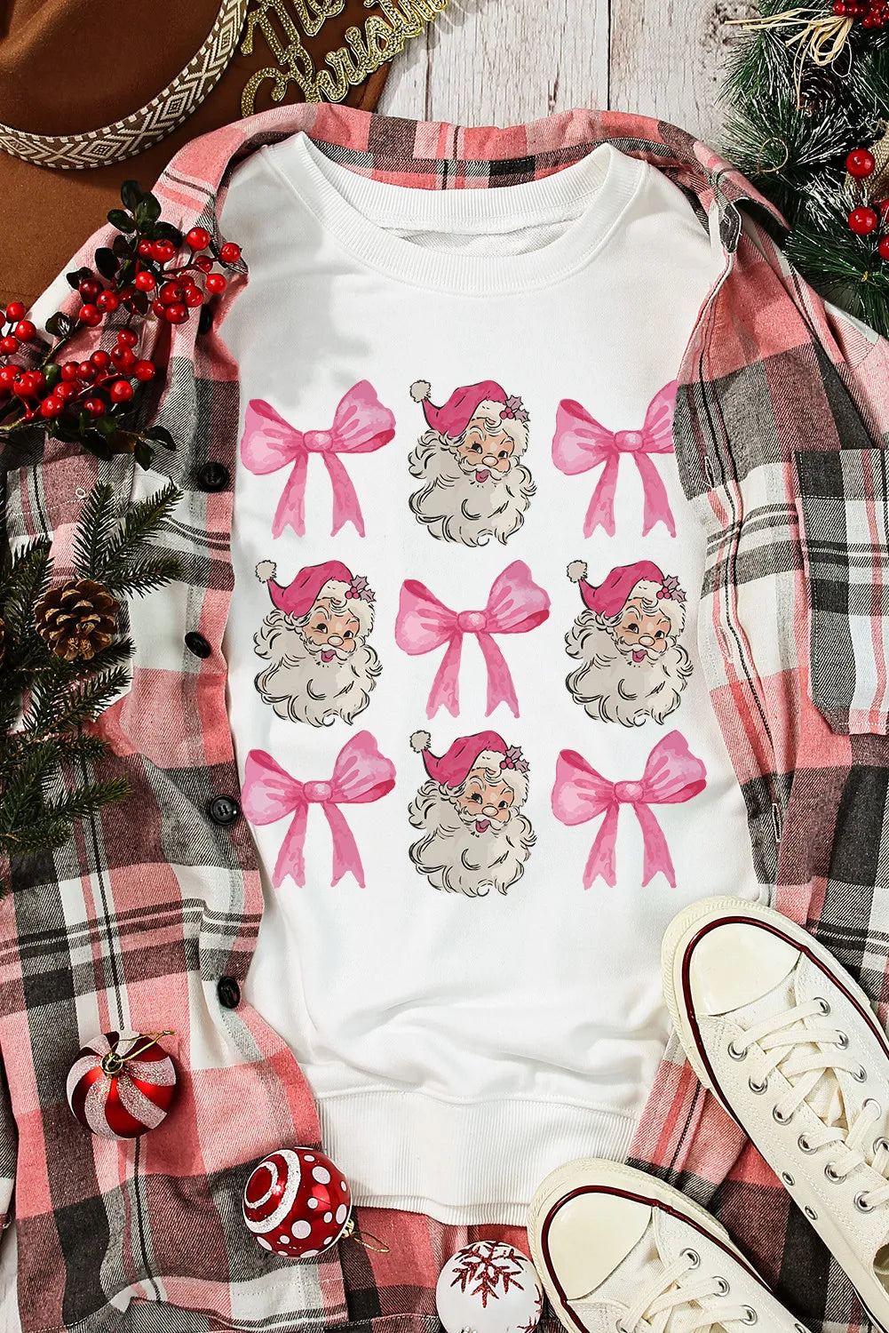 Santa & Bow Graphic Long Sleeve Sweatshirt