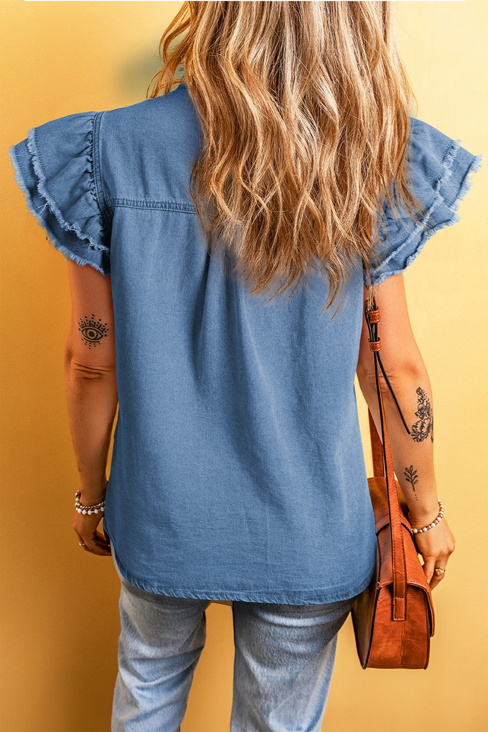 Raw Hem Button Up Cap Sleeve Denim Top