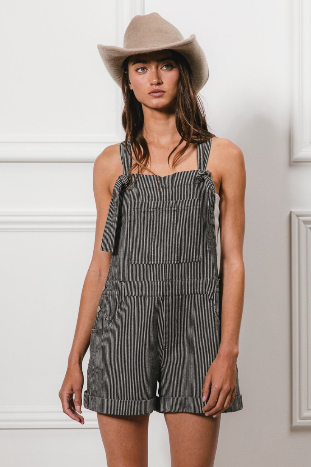 BiBi Tie Strap Washed Stripe Denim Overalls