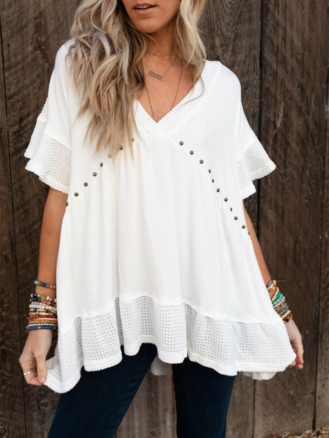 Studded V-Neck Half Sleeve Top