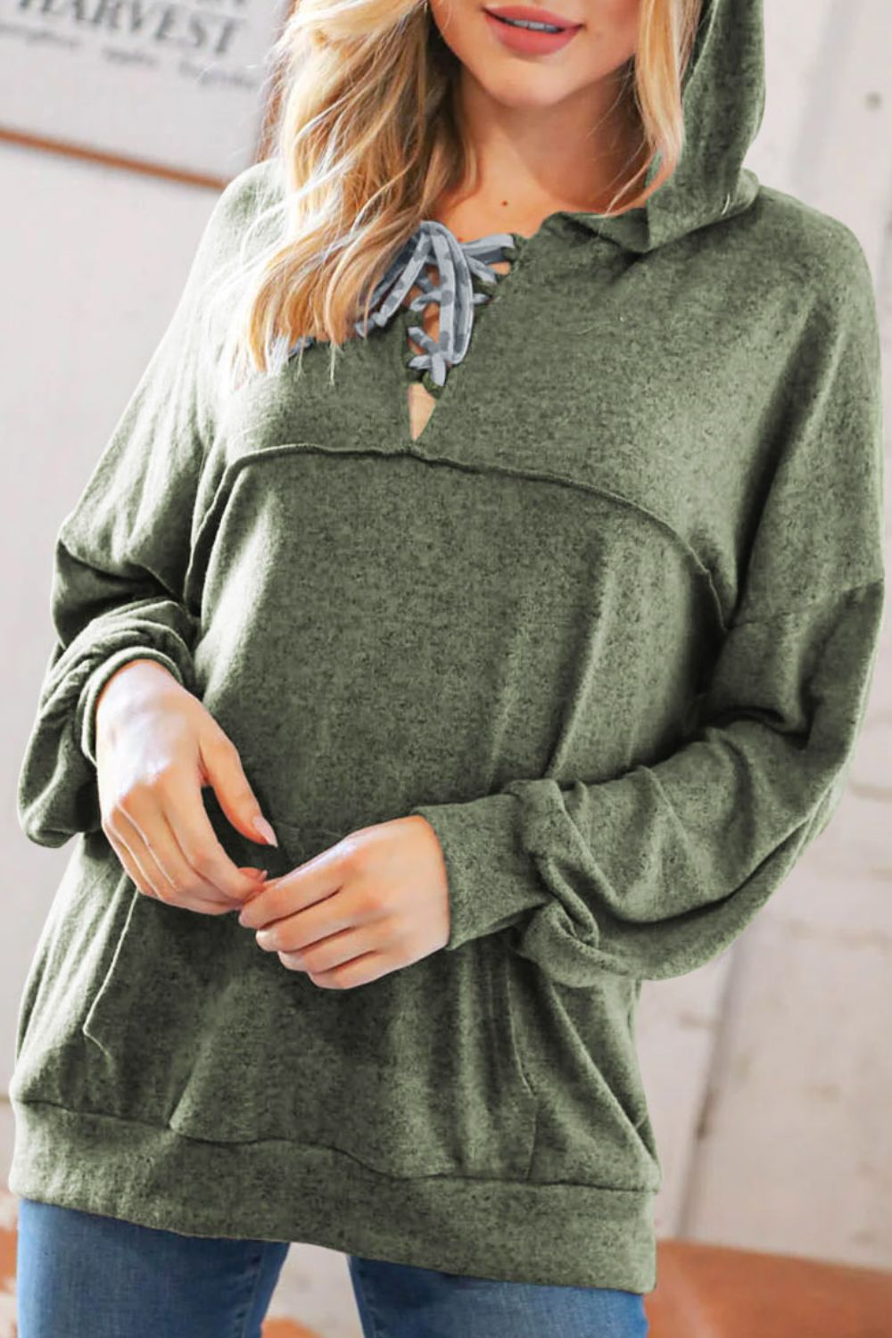 Lace Up Drop Shoulder Long Sleeve Hoodie