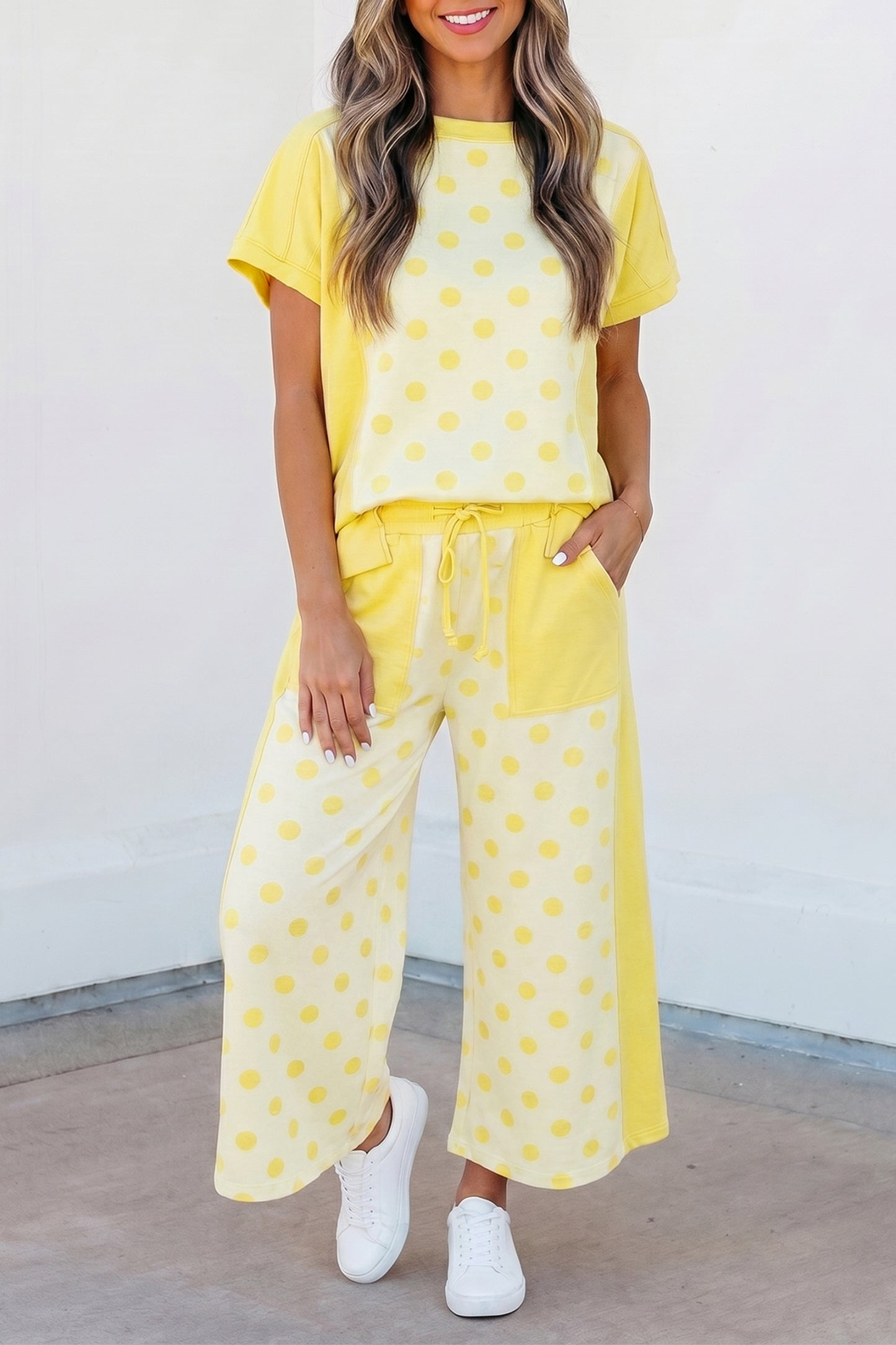 Yellow Color Block Patchwork Polka Dot Wide Leg Pant Set