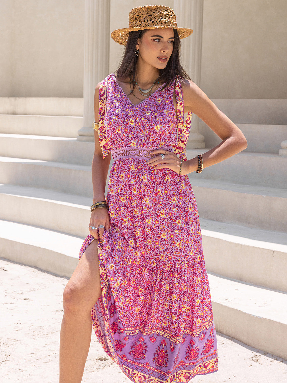 Tied Printed V-Neck Sleeveless Dress