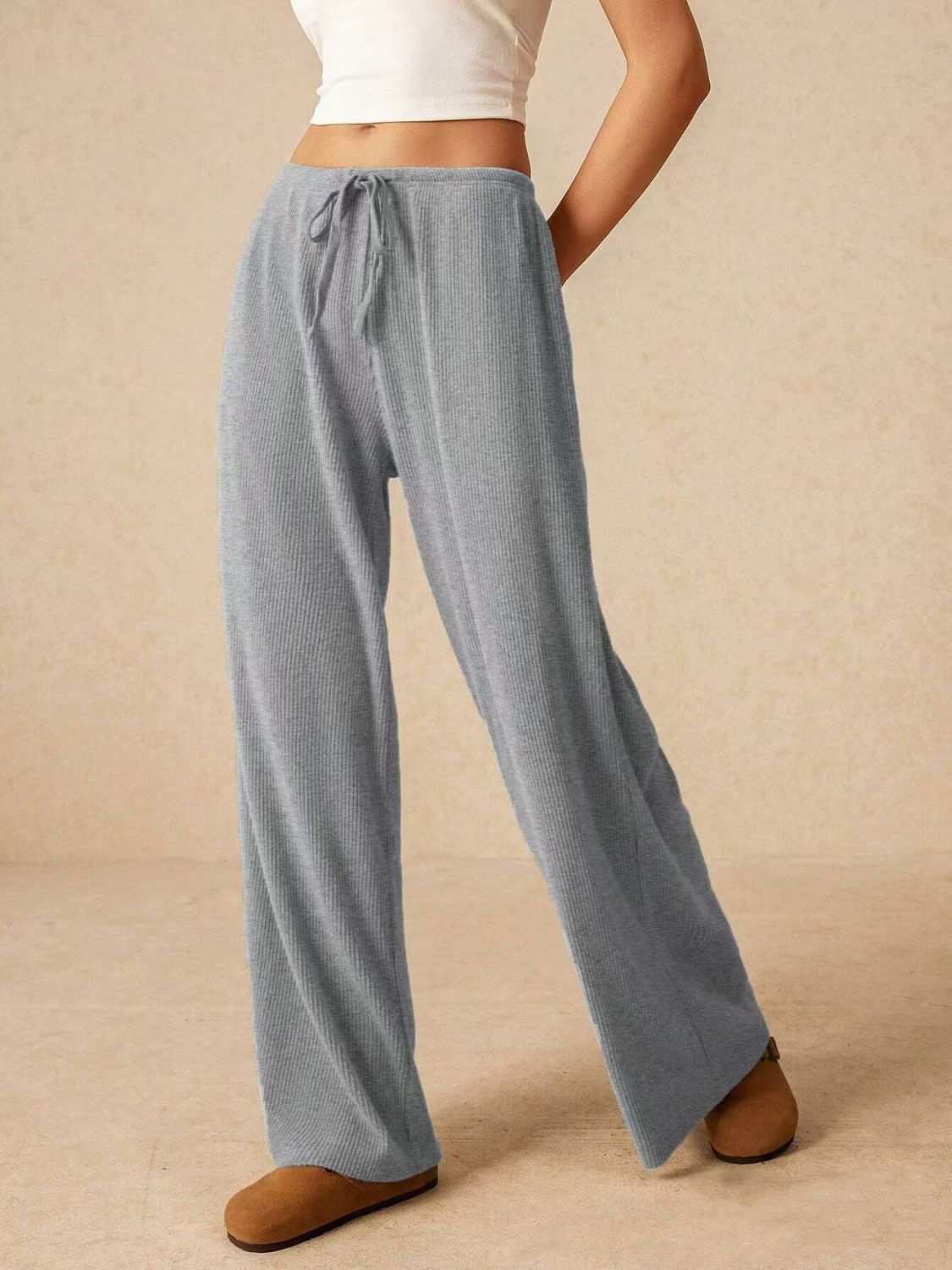 Ribbed Drawstring Wide Leg Pants