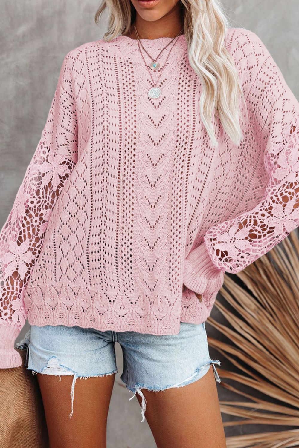 Openwork Round Neck Long Sleeve Sweater