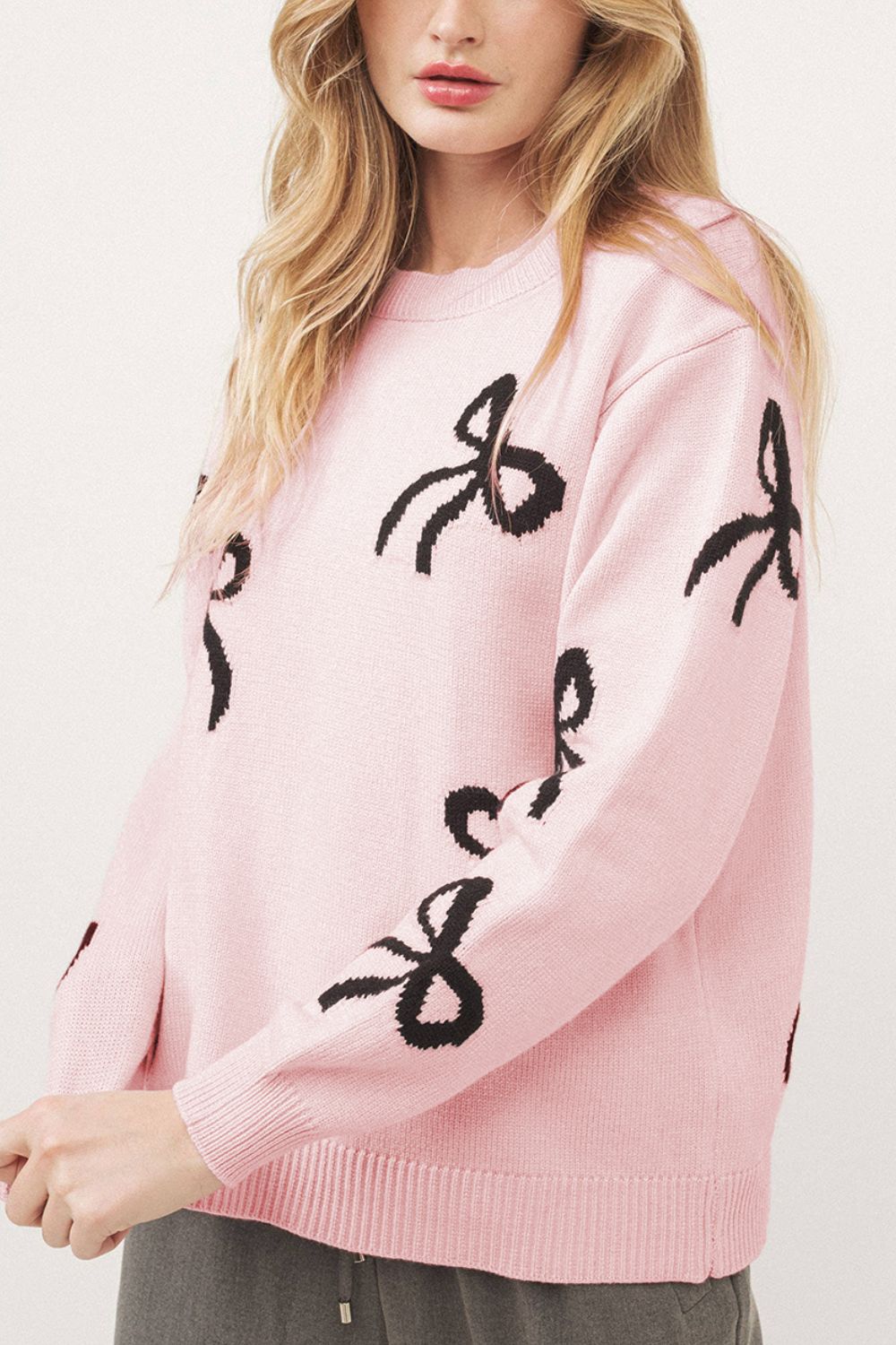 Bow Pattern Round Neck Loose Fit Sweater