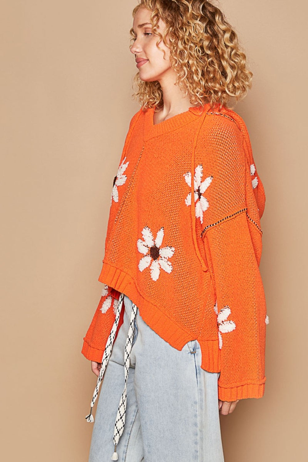 POL Floral Pattern Hooded High-Low Sweater