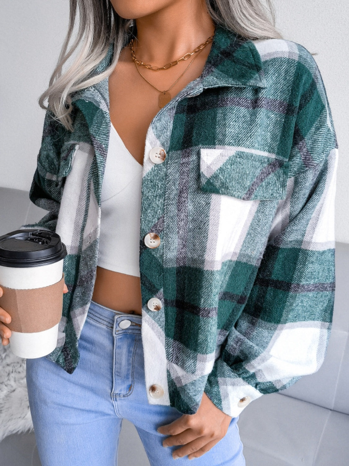 Plaid Collared Neck Long Sleeve Jacket