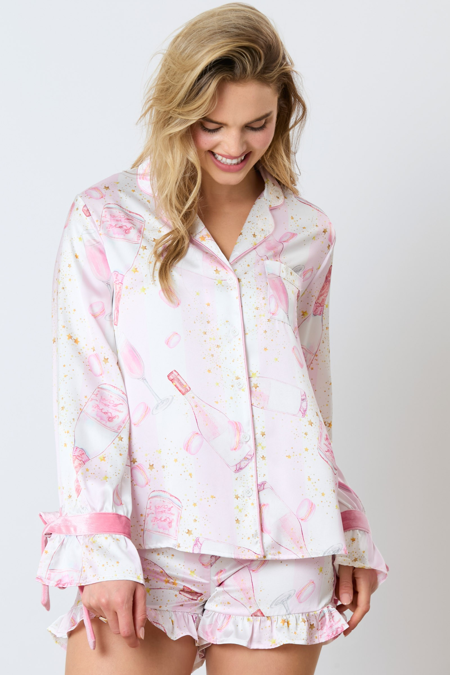 Fantastic Fawn Satin Champagne Long Sleeve Pajama Top