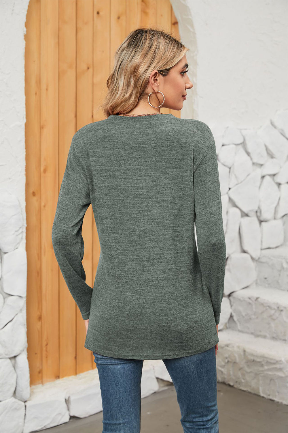 Notched Neck Long Sleeve T-Shirt