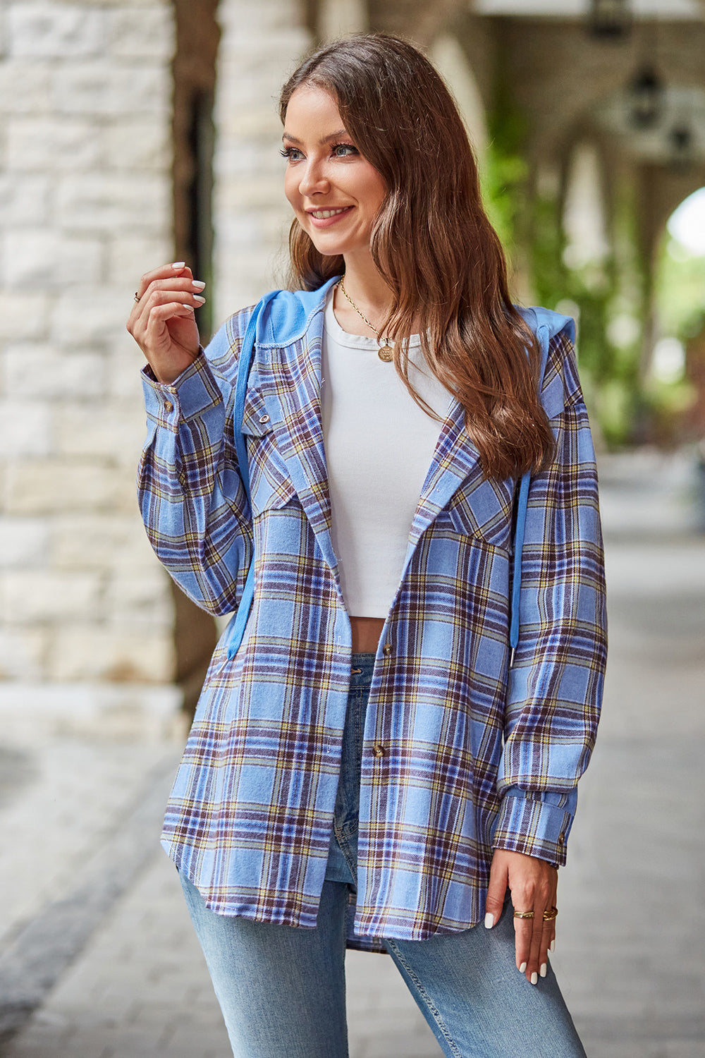 Plaid Long Sleeve Hooded Jacket