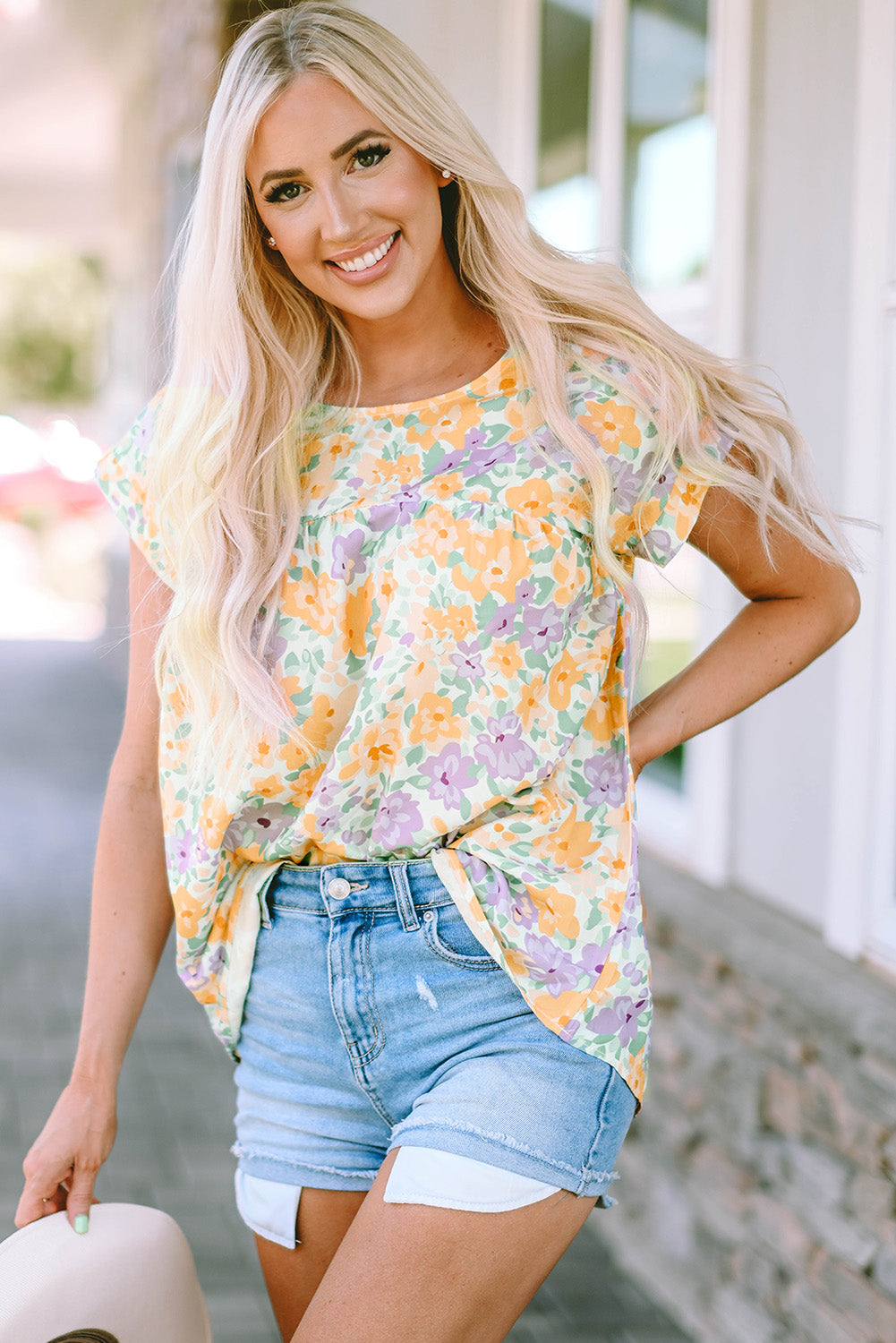 Printed Round Neck Cap Sleeve Blouse