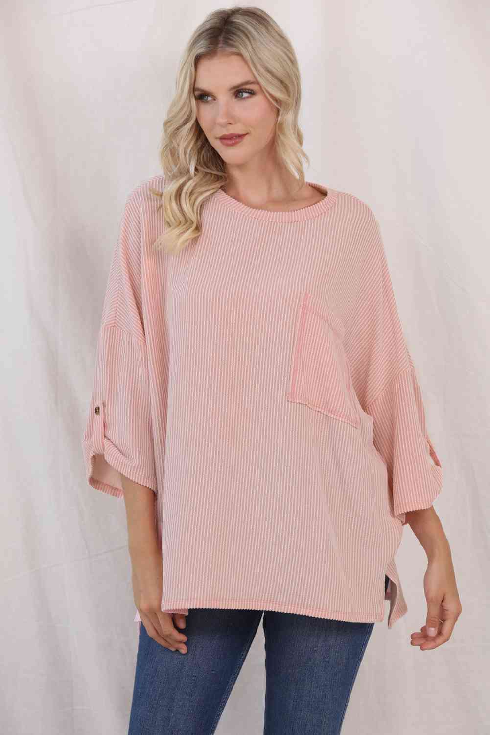 Round Neck Slit Roll-Tab Sleeve T-Shirt