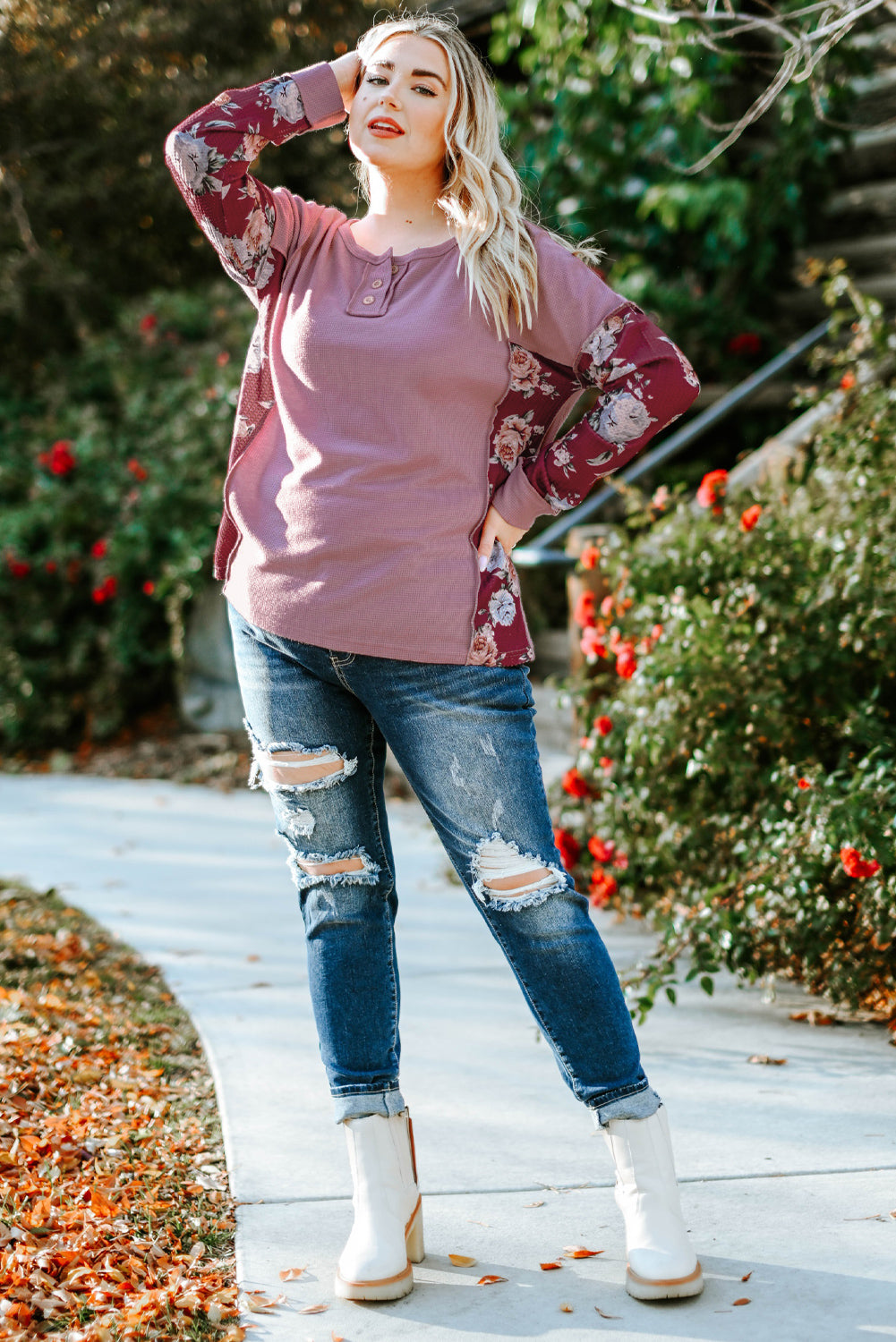 Plus Size Floral Exposed Seam Quarter-Button Henley Top