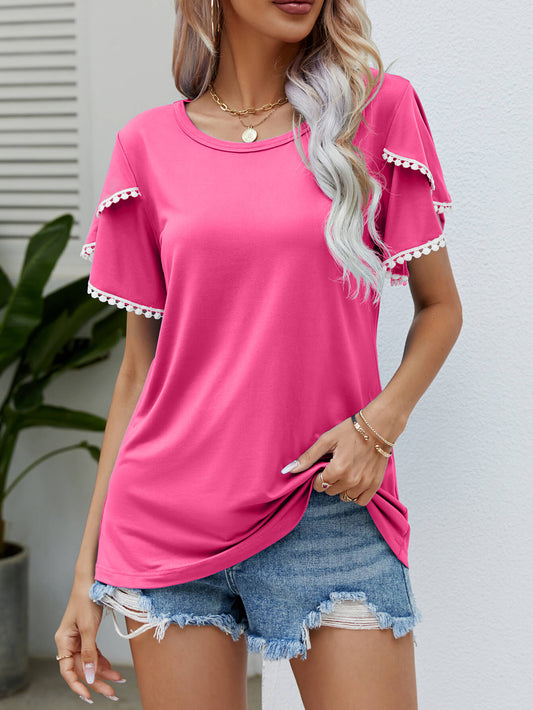 Pom-Pom Trim Flutter Sleeve Round Neck Tee