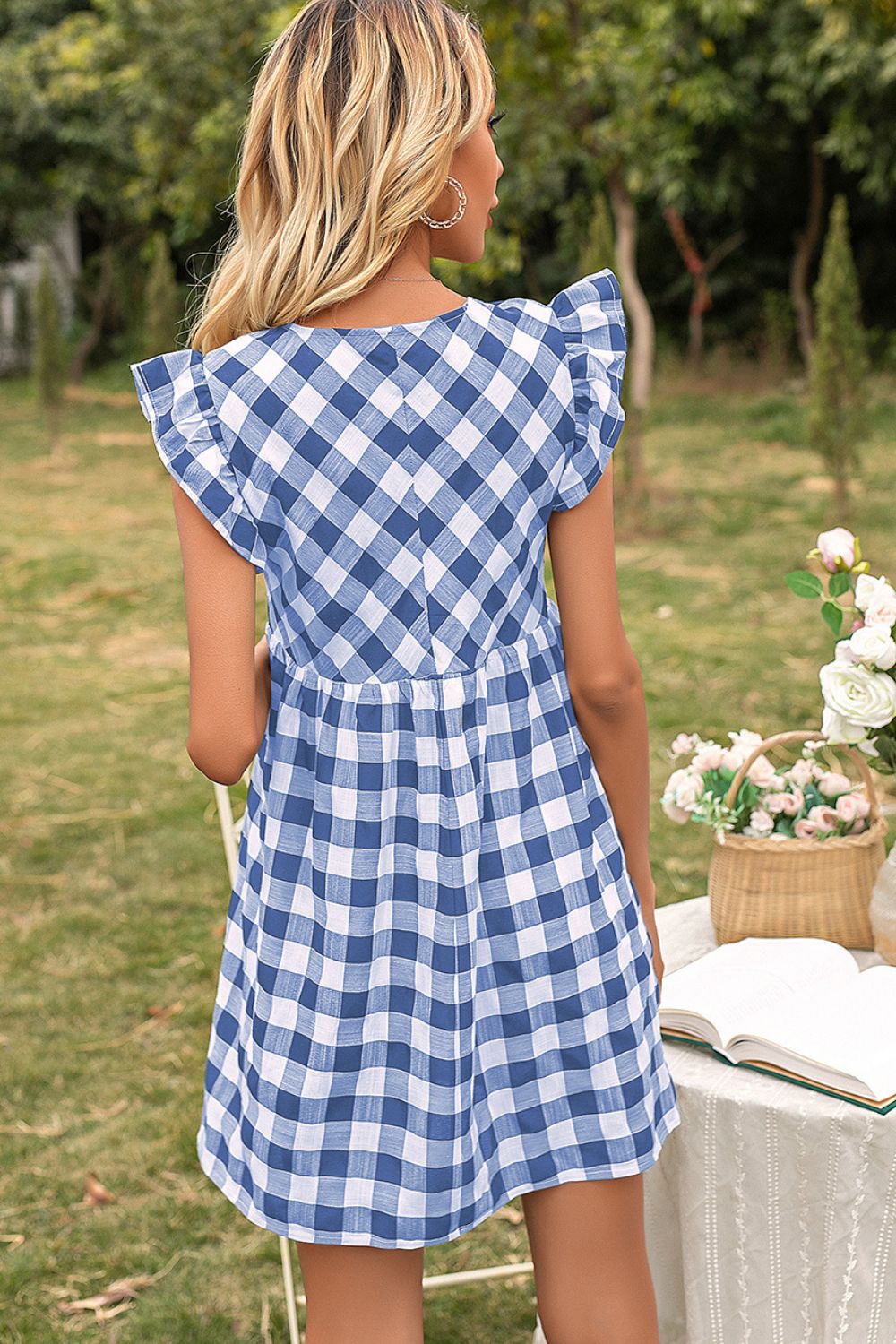 Plaid Butterfly Sleeve Deep V Dress