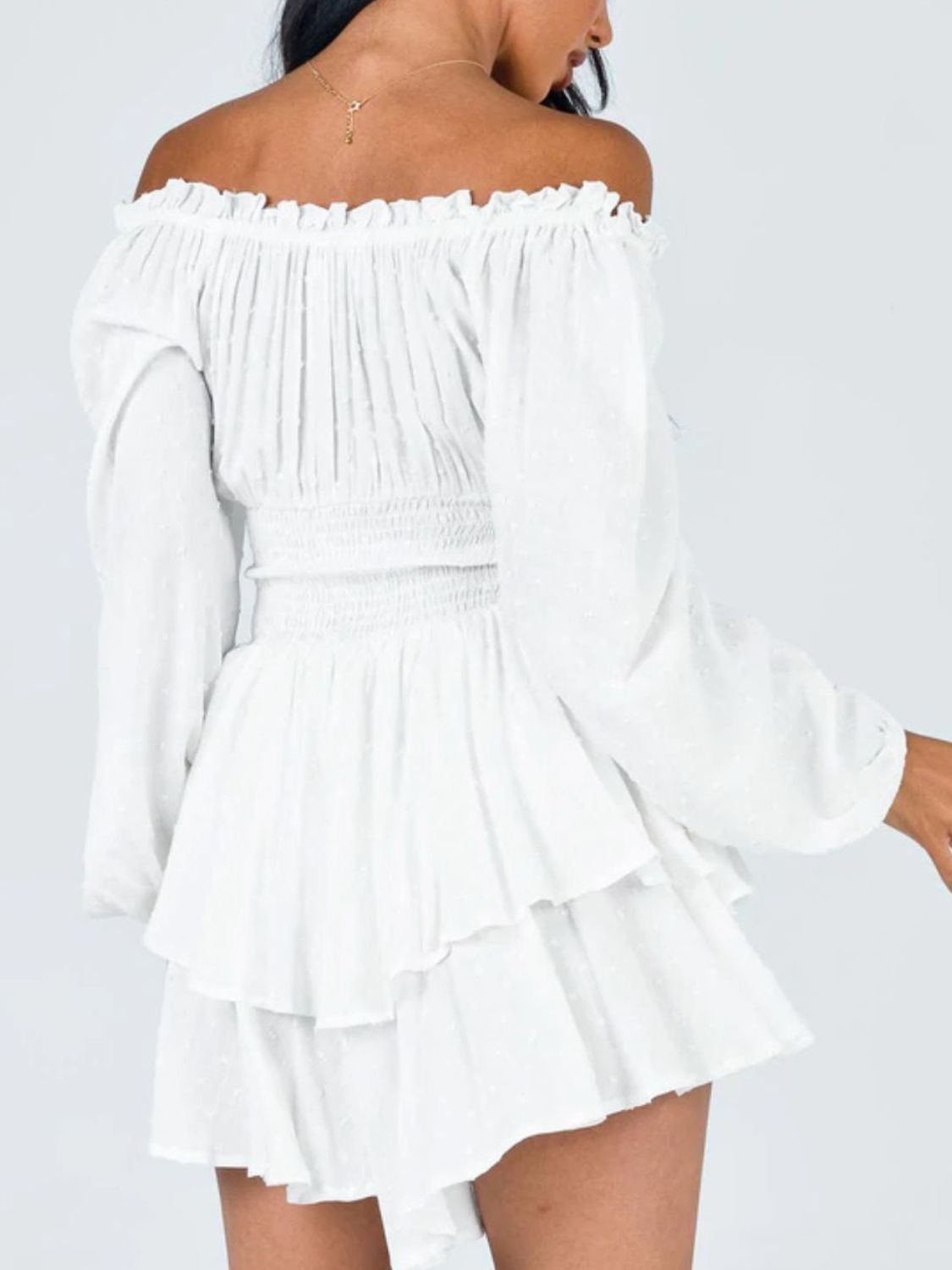 Off Shoulder Smocked Waist Mini Dress