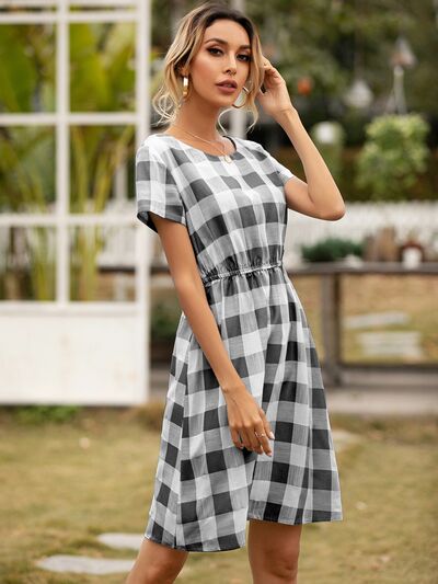 Smocked Plaid Round Neck Short Sleeve Dress