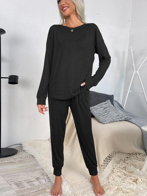 Round Neck Top and Drawstring Pants Lounge Set