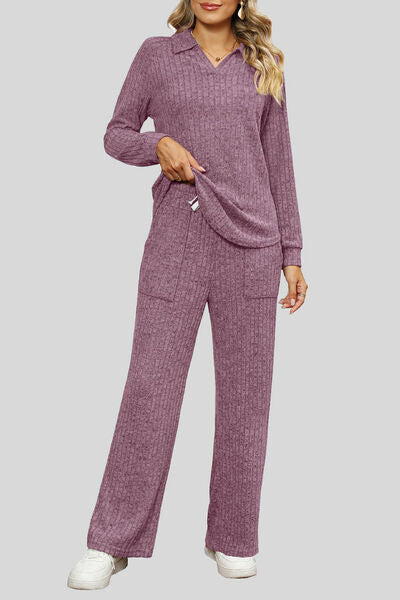 Ribbed Long Sleeve Top and Pocketed Pants Set