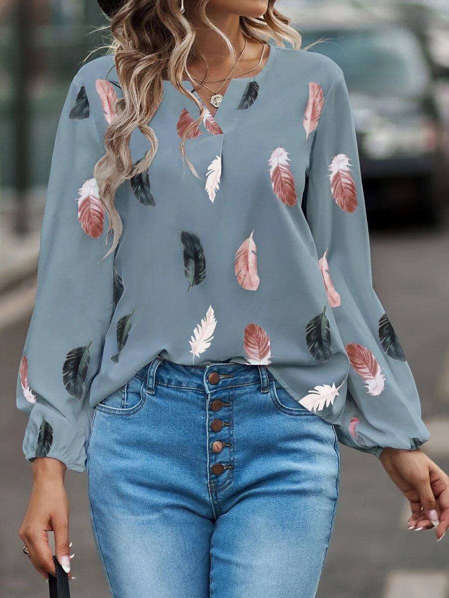 Printed Notched Neck Long Sleeve Blouse