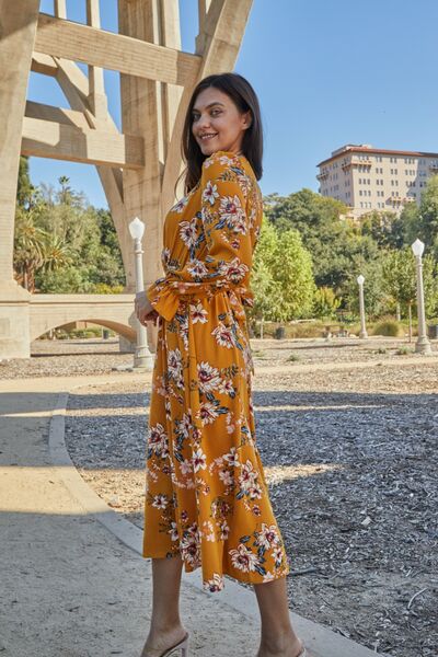 Double Take Full Size Floral Tie Back Flounce Sleeve Dress