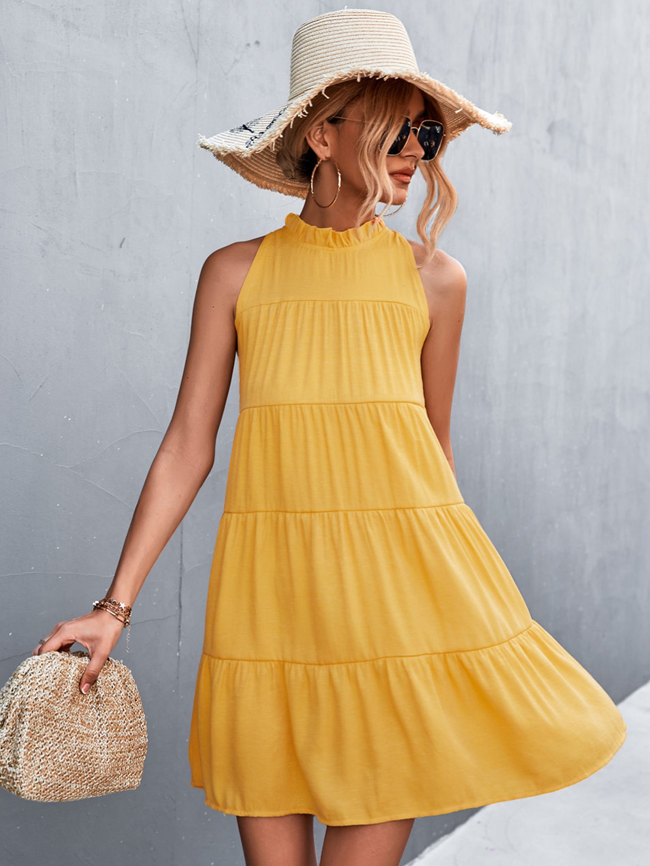 Tie Back Mock Neck Tiered Dress