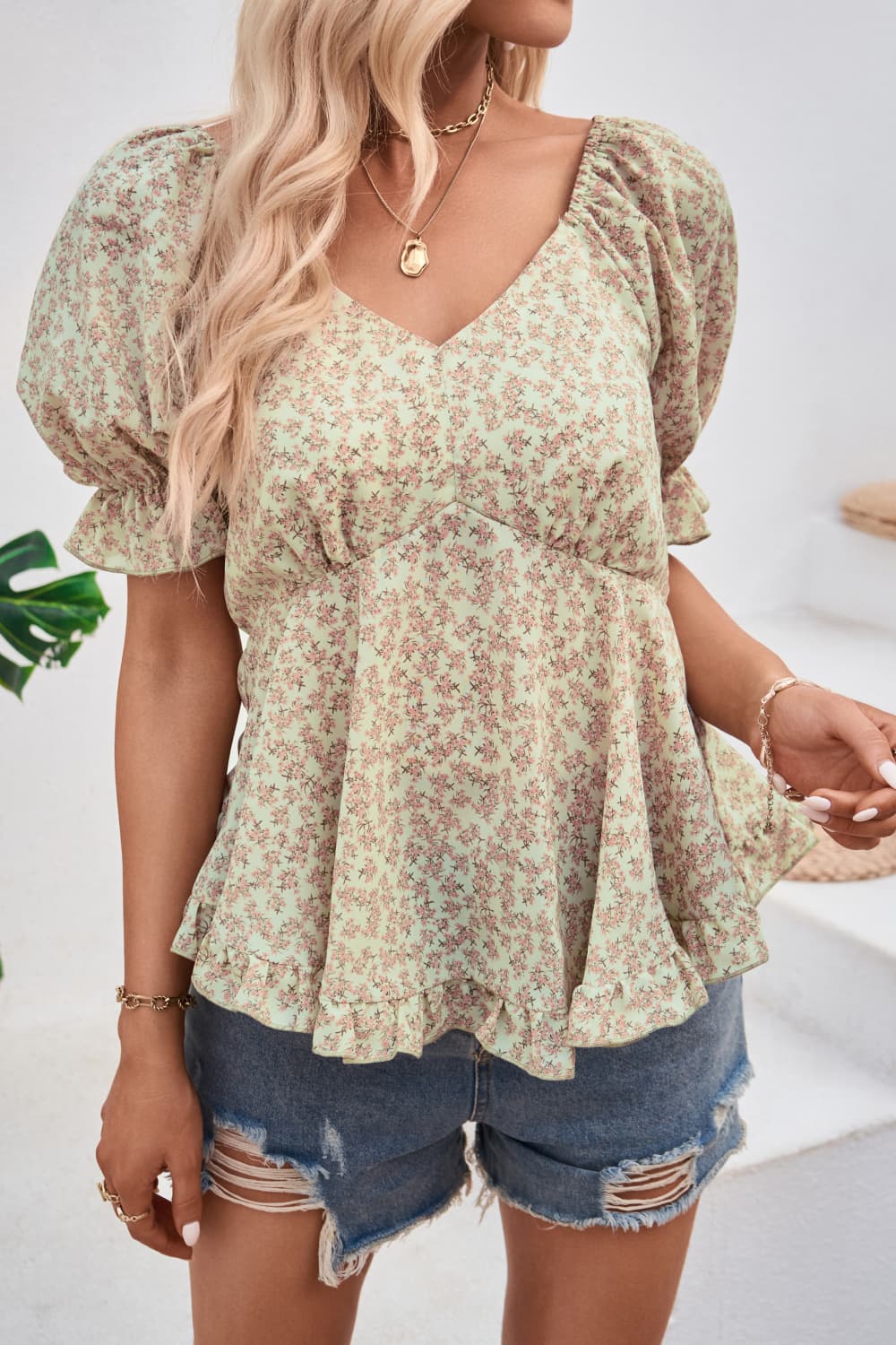 V-Neck Flounce Sleeve Blouse