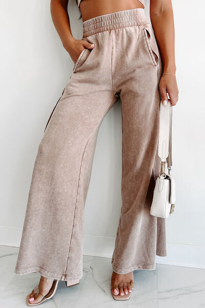 Elastic Waist Wide Leg Pants with Pockets