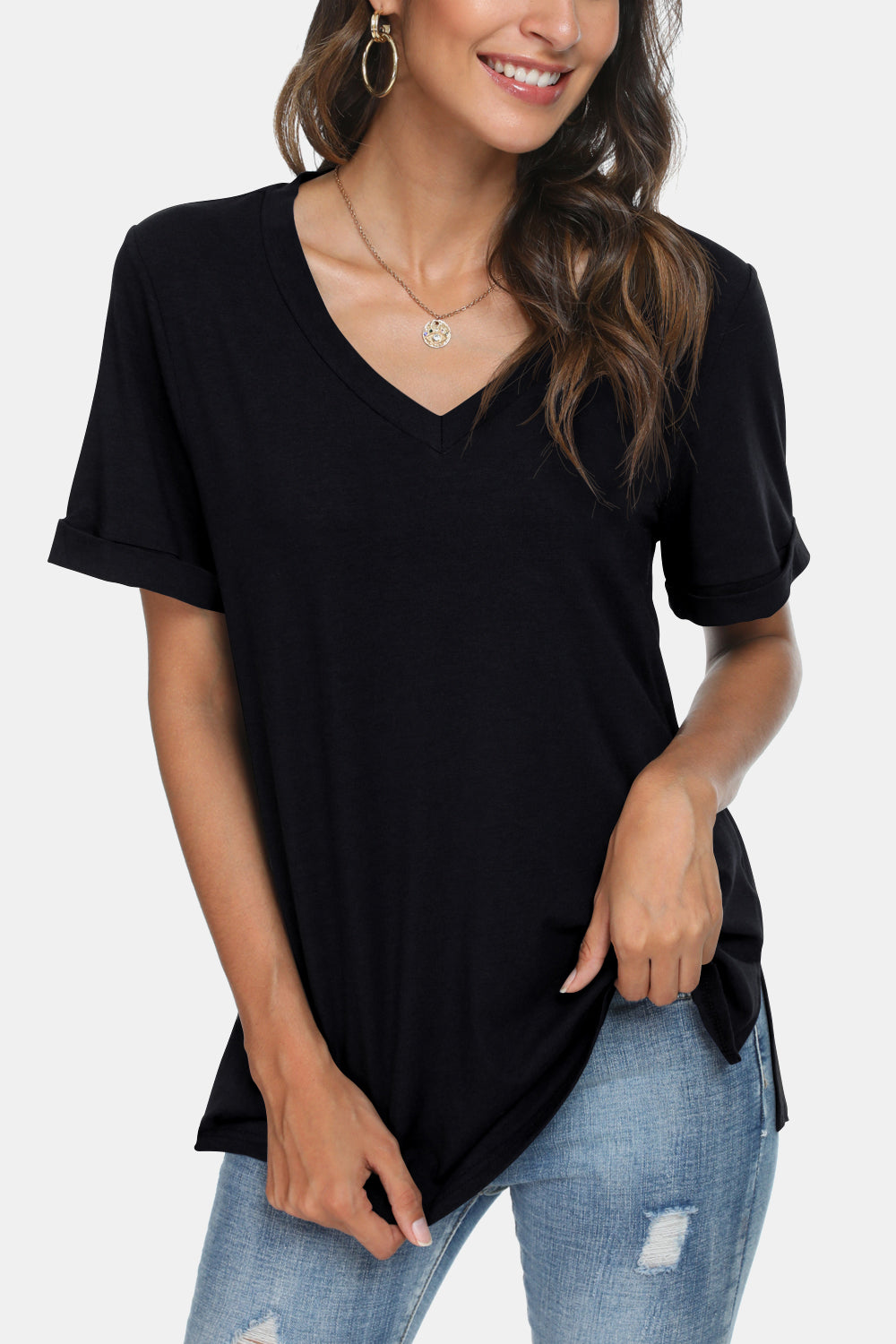 V-Neck Short Sleeve Slit T-Shirt