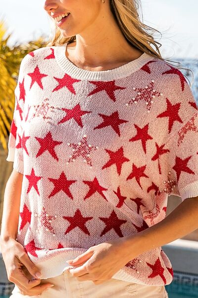 BiBi Star Pattern Round Neck Short Sleeve Knit Top