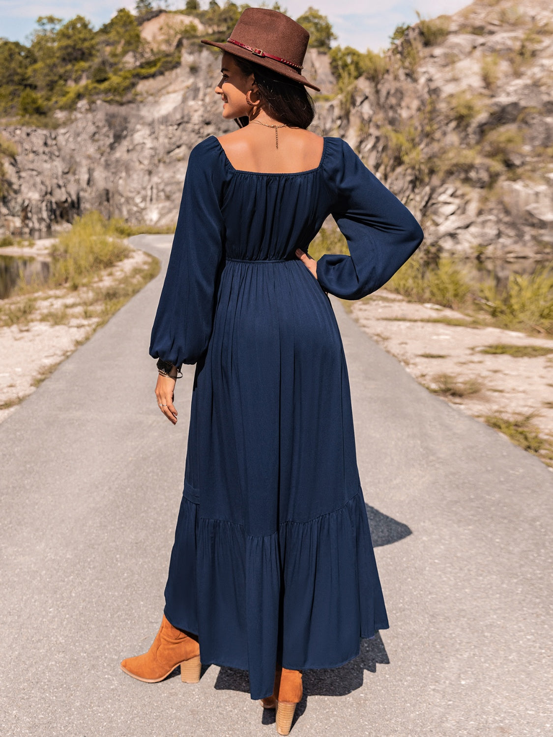 Long Sleeve Lace Trim Maxi Dress