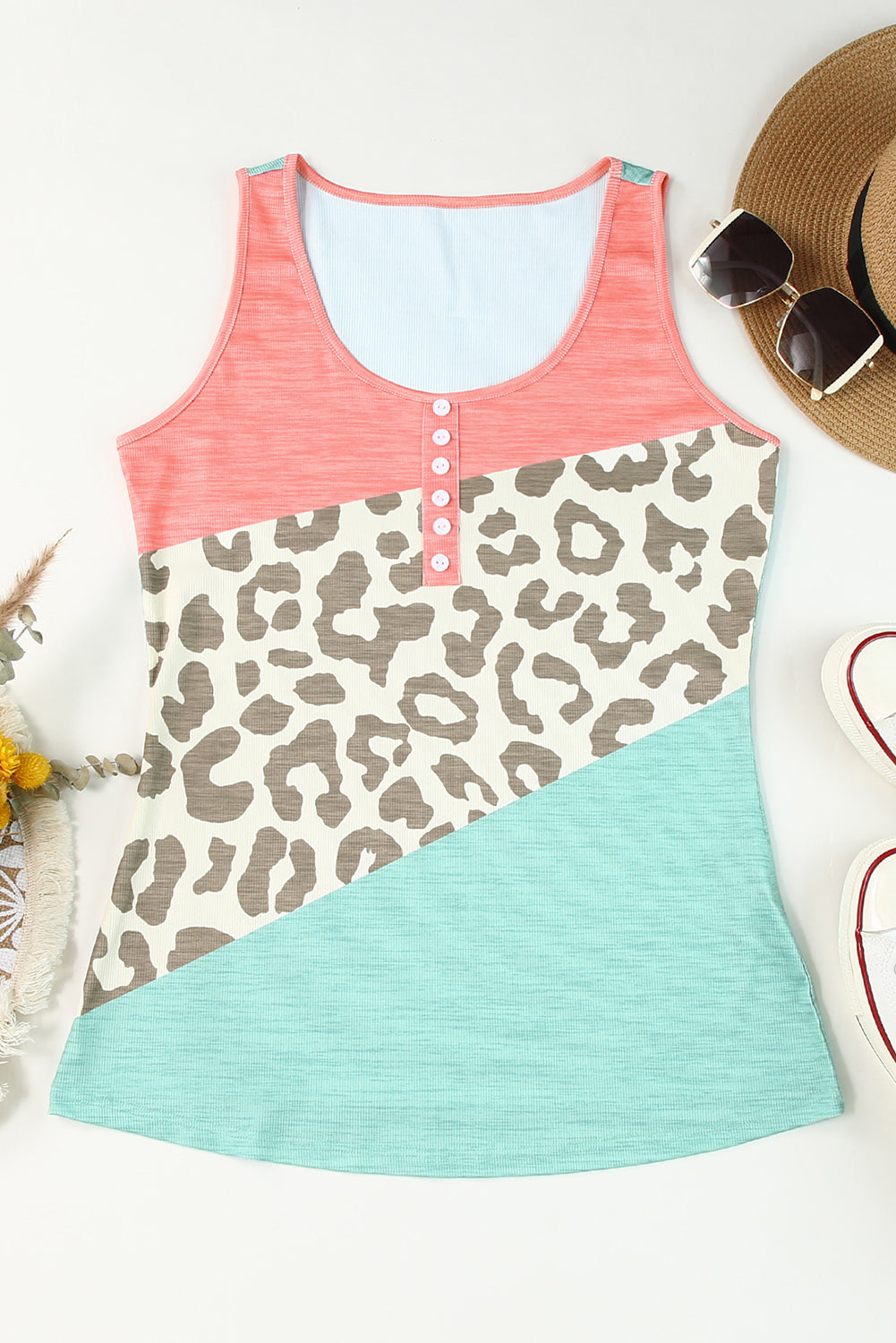 Leopard Color Block Decorative Button Tank