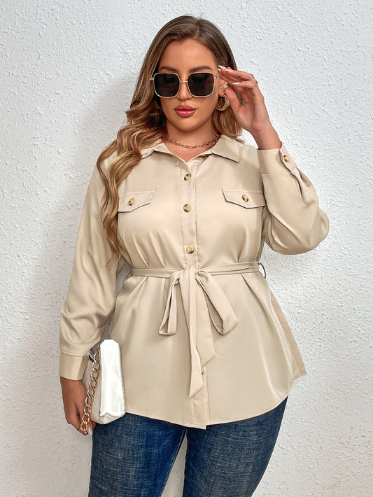 Melo Apparel Plus Size Tie Belt Long Sleeve Shirt