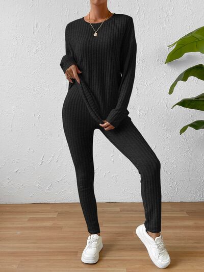 Ribbed Round Neck Top and Pants Set