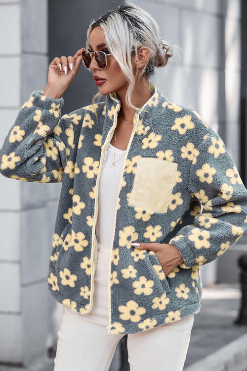 Pocketed Floral Mock Neck Jacket