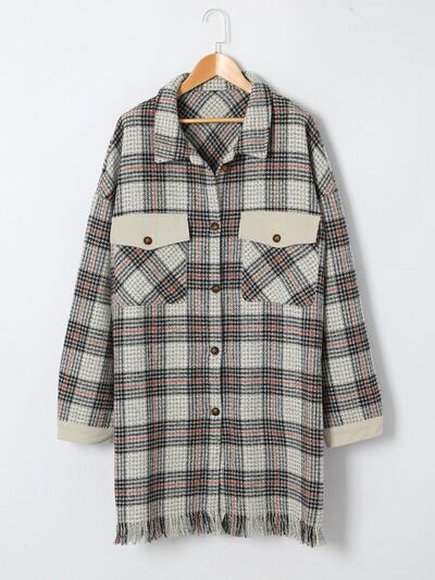 Plus Size Plaid Button Up Dropped Shoulder Outerwear