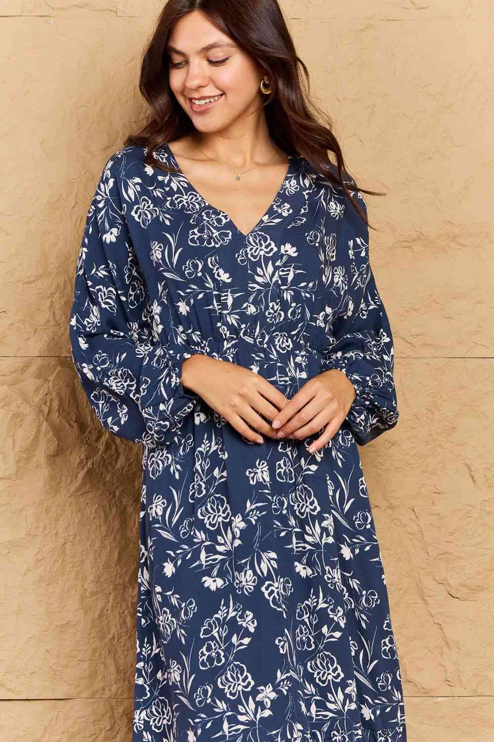 HEYSON Night Out Full Size Balloon Sleeve Floral Midi Dress