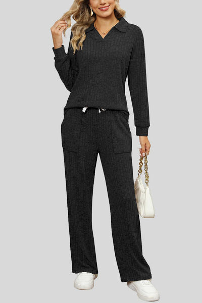 Ribbed Long Sleeve Top and Pocketed Pants Set