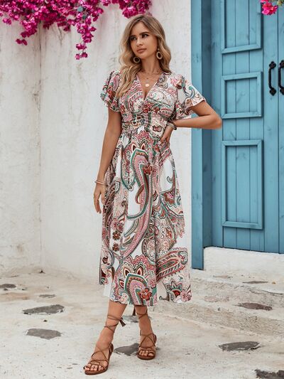 Ruched Printed V-Neck Short Sleeve Dress