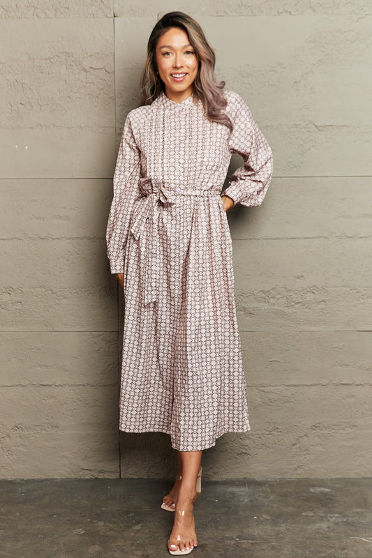 Printed Tie Waist Long Sleeve Dress