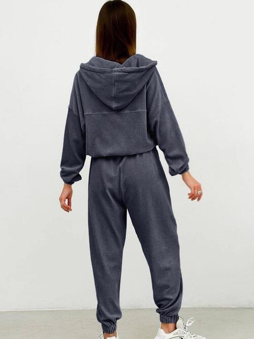 Half Zip Drawstring Hoodie and Pants Set