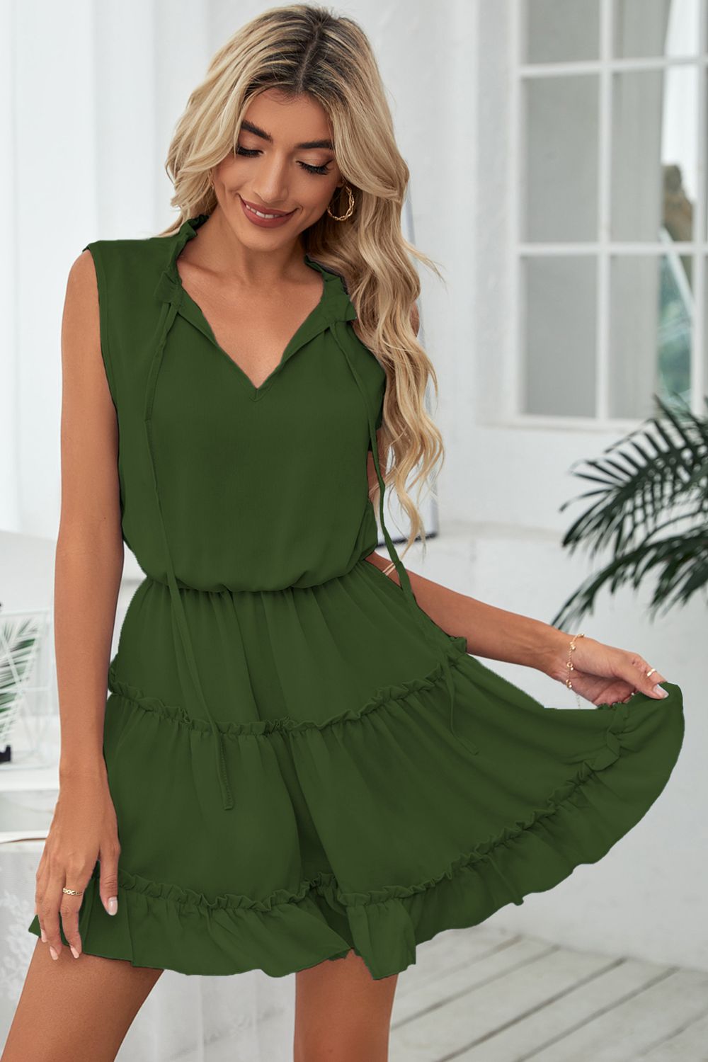 Frill Trim Tie Neck Sleeveless Mini Dress