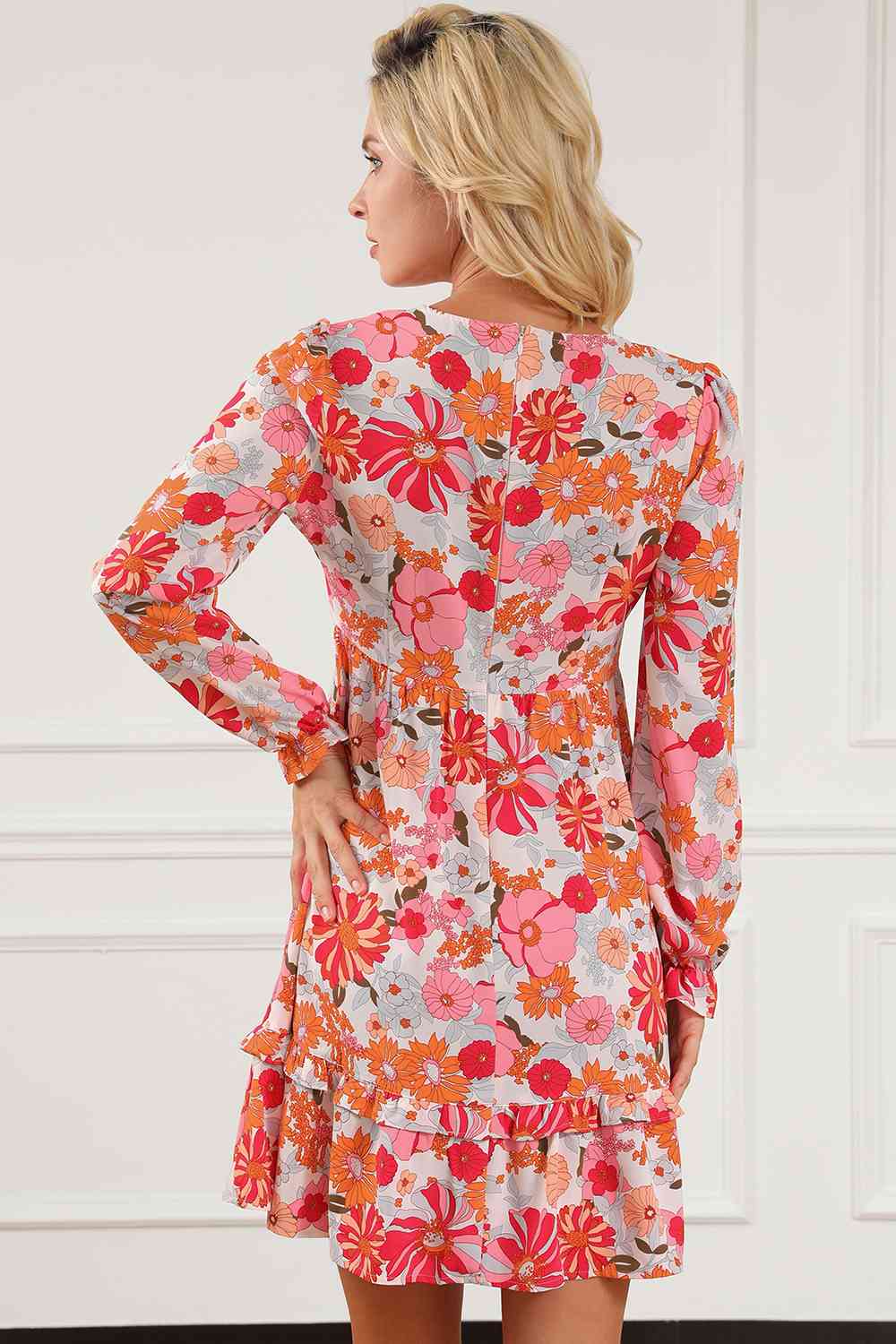 Floral Ruffled V-Neck Long Sleeve Dress