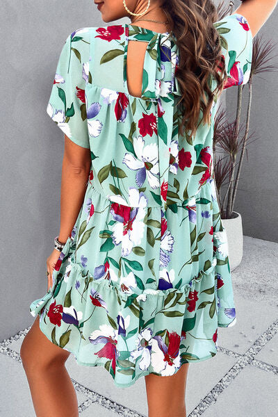 Printed Tiered Round Neck Mini Dress