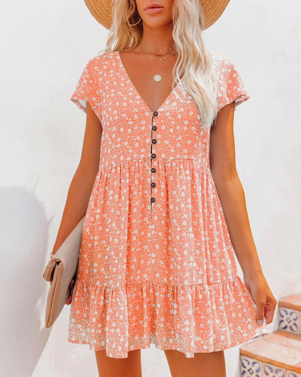 Printed V-Neck Buttoned Short Sleeve Mini Dress