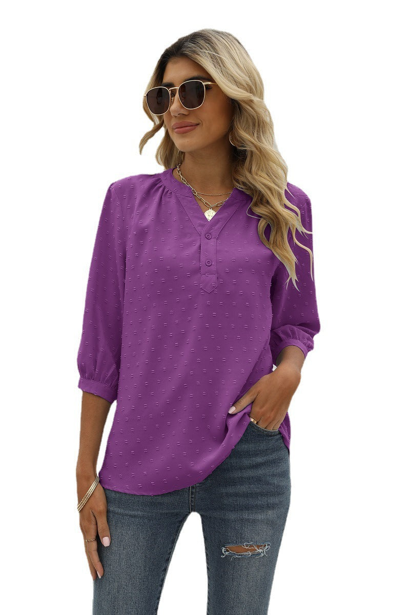 Swiss Dot Notched Neck Three-Quarter Sleeve Blouse